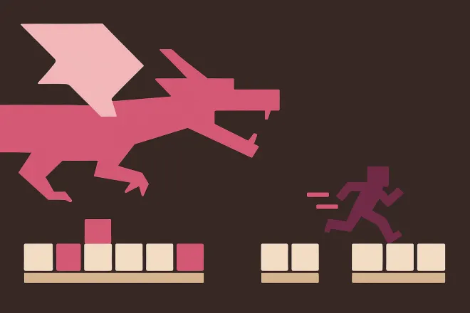 Dragon Escape: ein großer pinker Blockdrache jagt eine rennende Blockfigur über einen Parkour