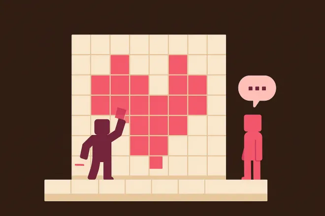 Draw my Thing: eine Blockfigur malt ein Pixel-Herz aus Blöcken an eine Wand, eine zweite rät mit Sprechblase
