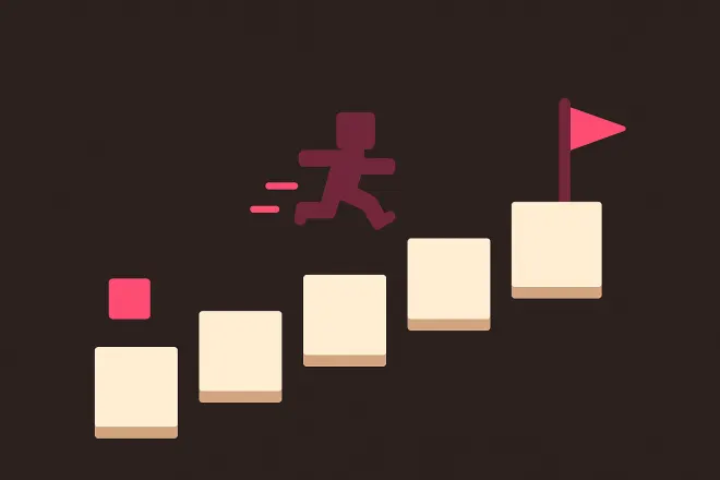 Jump and Run: eine Blockfigur springt über schwebende Plattformen zur Zielfahne