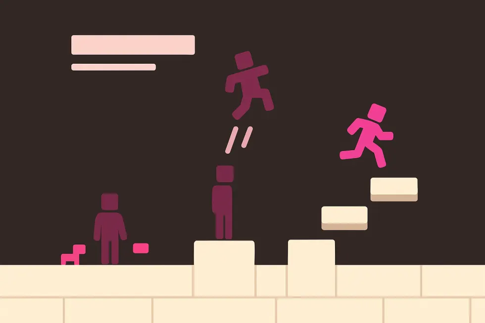 Die Lobby: eine Blockfigur wird von einer Abschussrampe in die Luft katapultiert, daneben ein Parkour und eine Figur mit kleinem Haustier