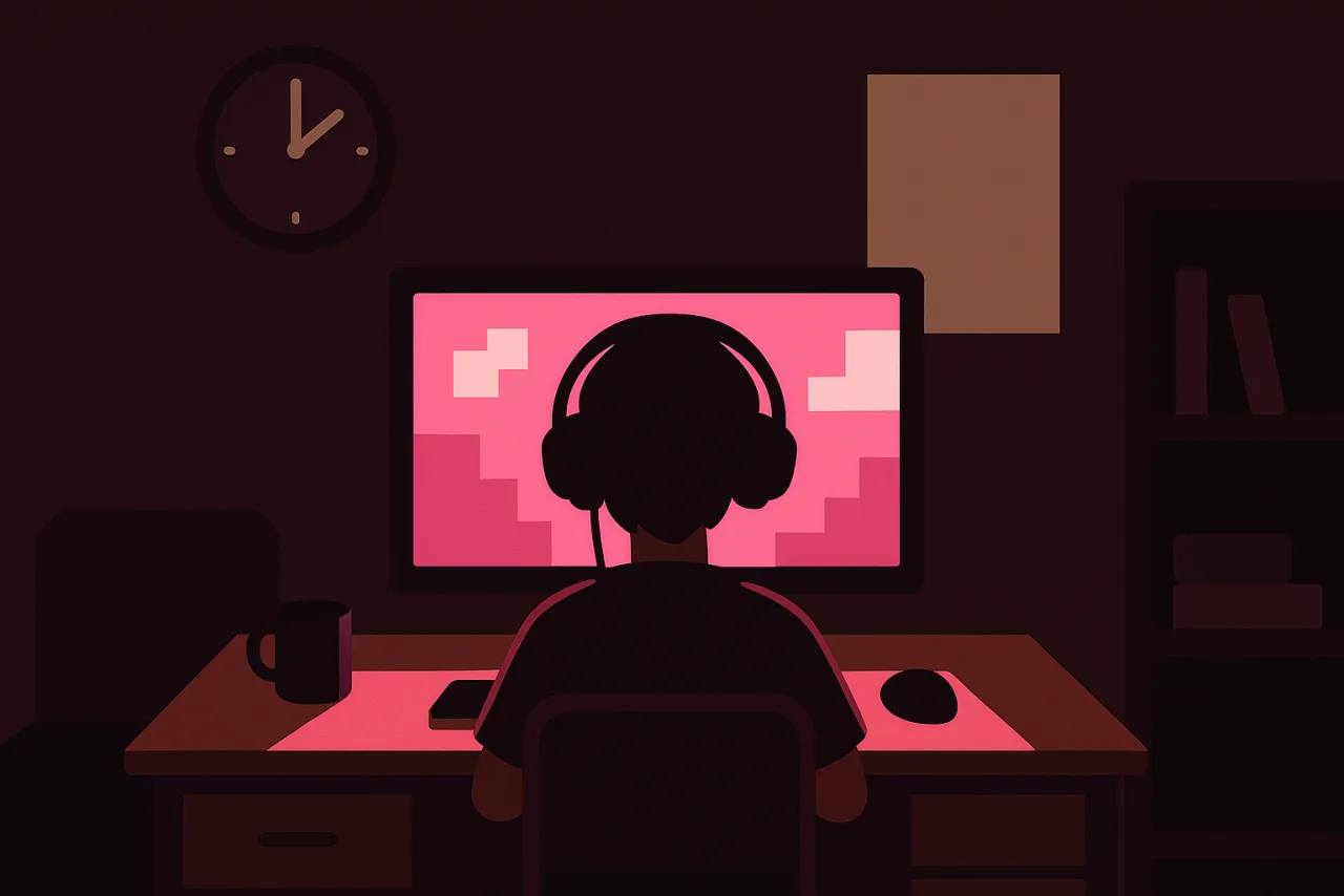 Flache Illustration: ein Kinderzimmer nachts, ein Kind mit Kopfhörern vor dem Monitor — das einzige Licht im Raum ist rosa, die Wanduhr zeigt 1 Uhr.